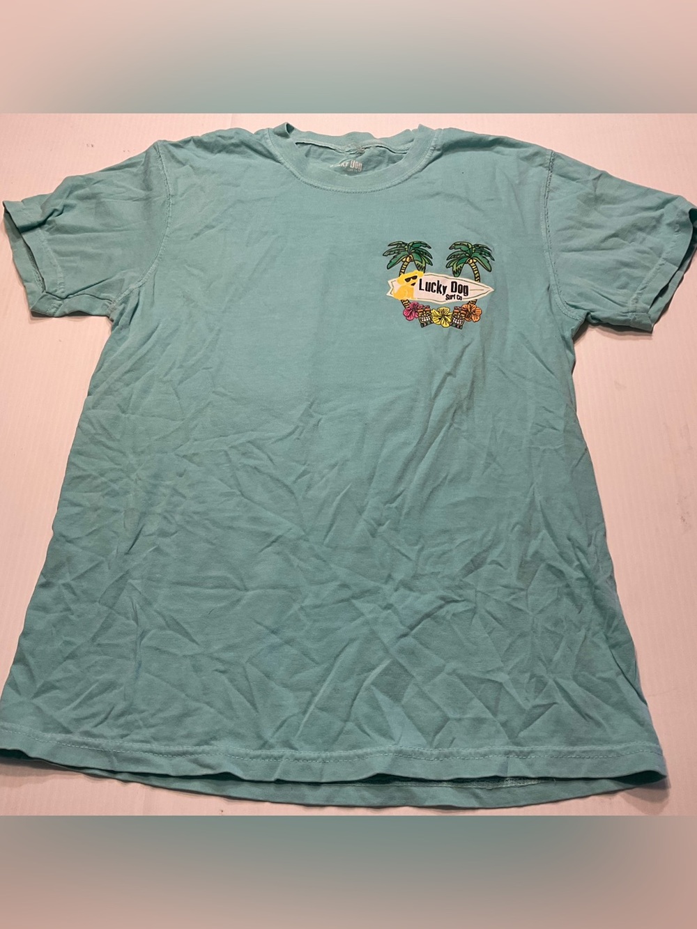 Lucky Dog Surf Co Sea Bright NJ Aqua Blue T Shirt Sz S